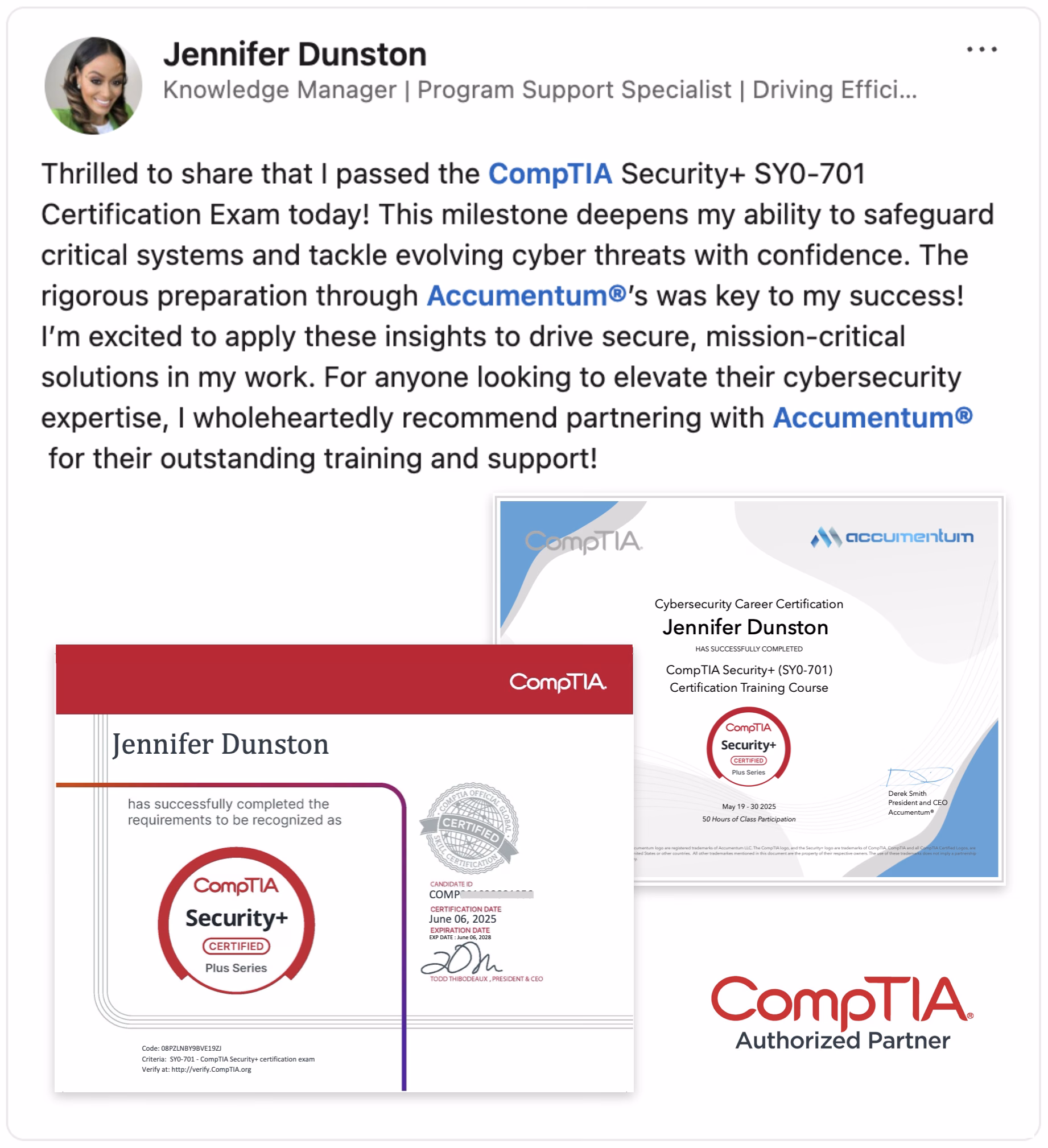 A vibrant image showcasing a glowing client endorsement for Accumentum's CompTIA Security+ Certification Training Course. The image prominently features a 5-star review with the client’s enthusiastic testimonial, praising the course’s comprehensive curriculum and expert instruction. Displayed alongside the review are the client’s course completion certificate from Accumentum and their official CompTIA Security+ certification, both elegantly framed to highlight achievement. The background incorporates subtle tech-themed elements, such as circuit patterns, symbolizing cybersecurity expertise.